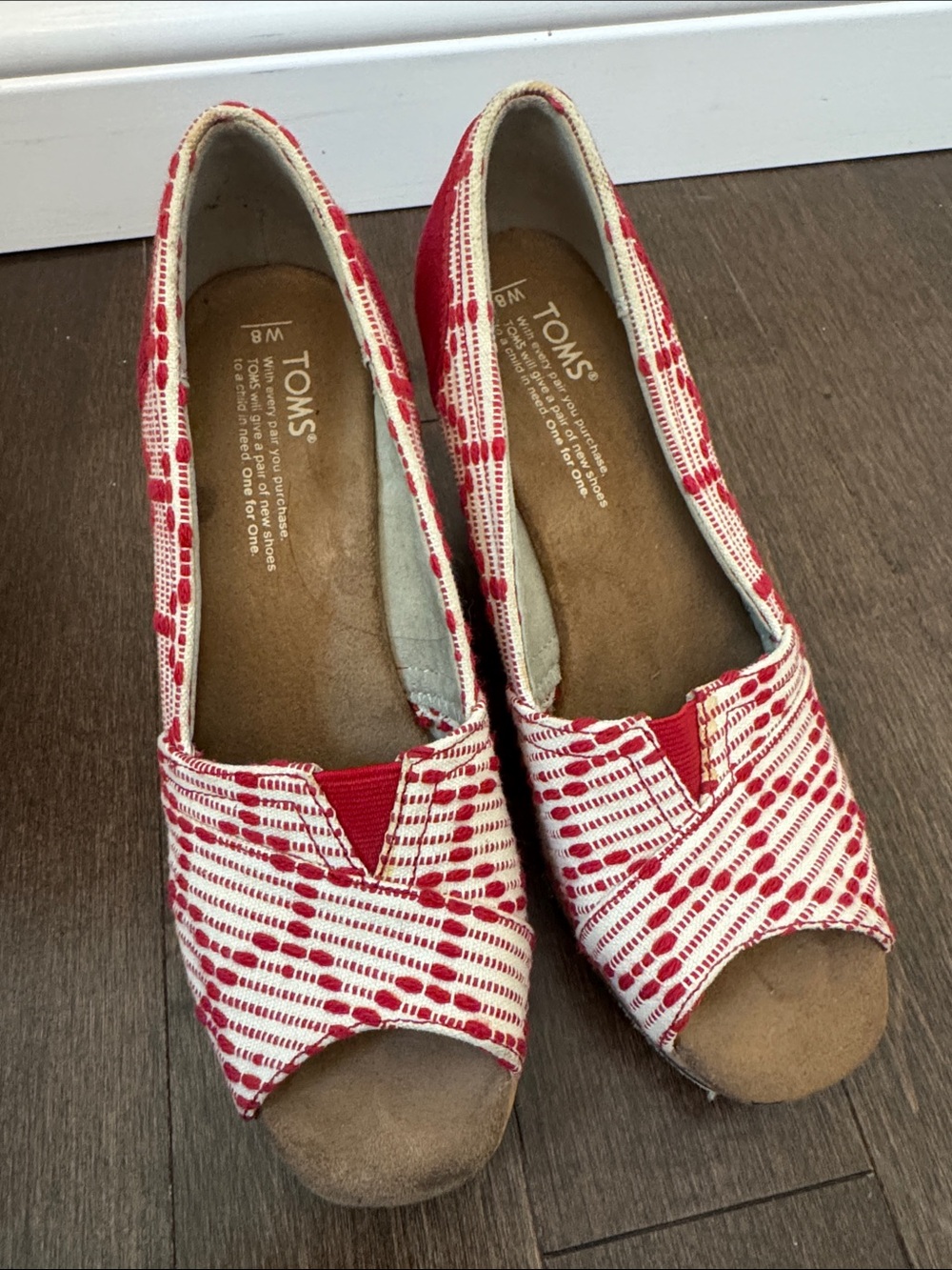 Toms Red and White Patterned Canvas Peep-Toe Flats